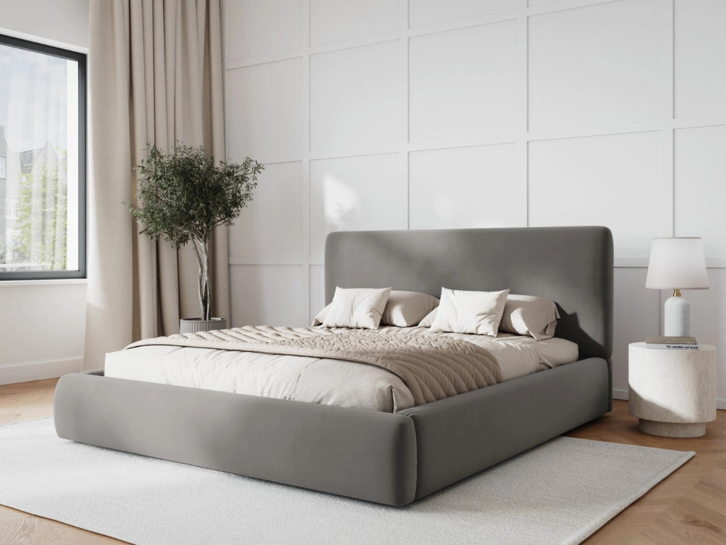 Cosmopolitan Design - Letto a cassettone con testiera "Colonel" 140x200cm in velluto grigio chiaro 