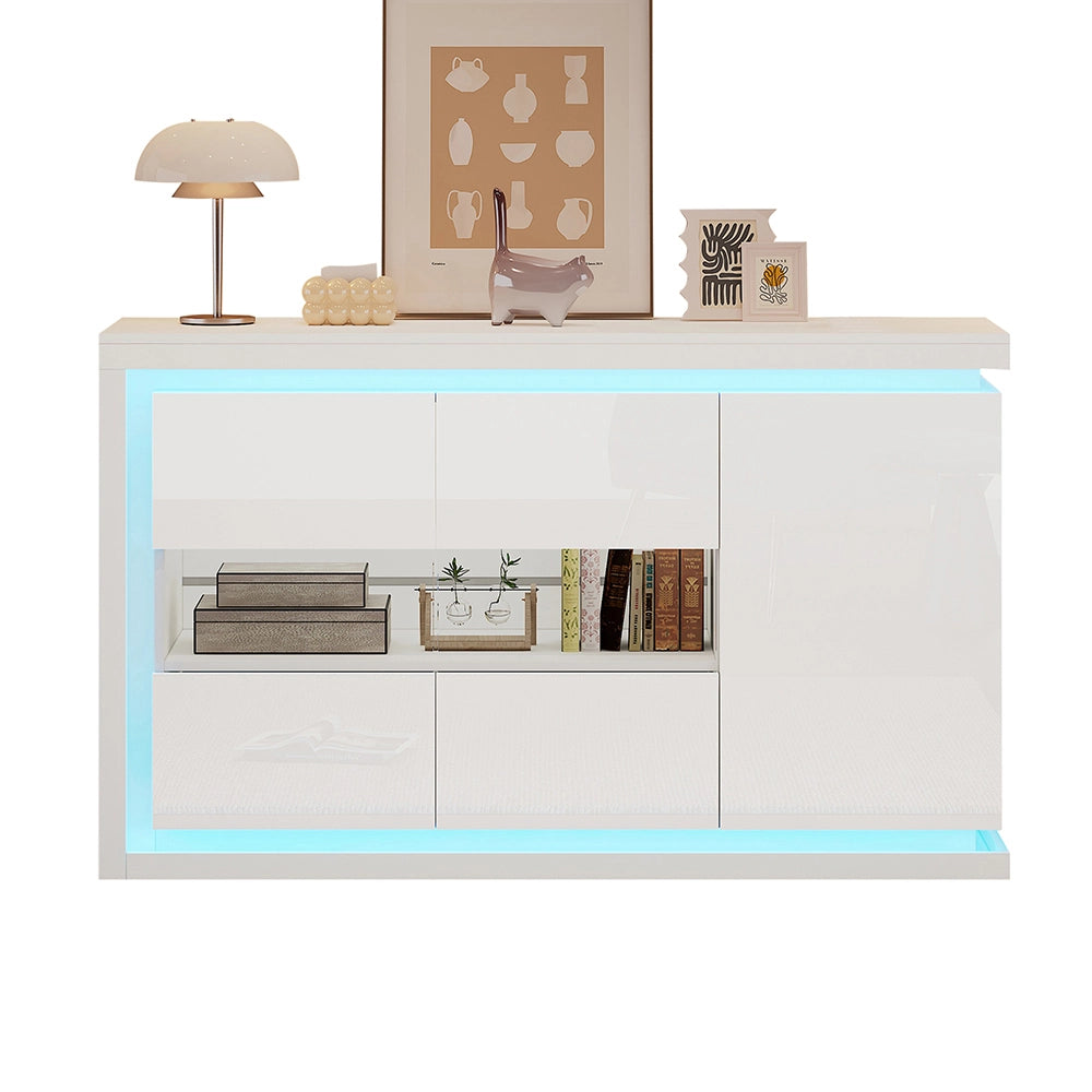 Credenza Soggiorno 140x40x84cm - Xylo - 4 Scomparti Lucidi con LED e Vetro