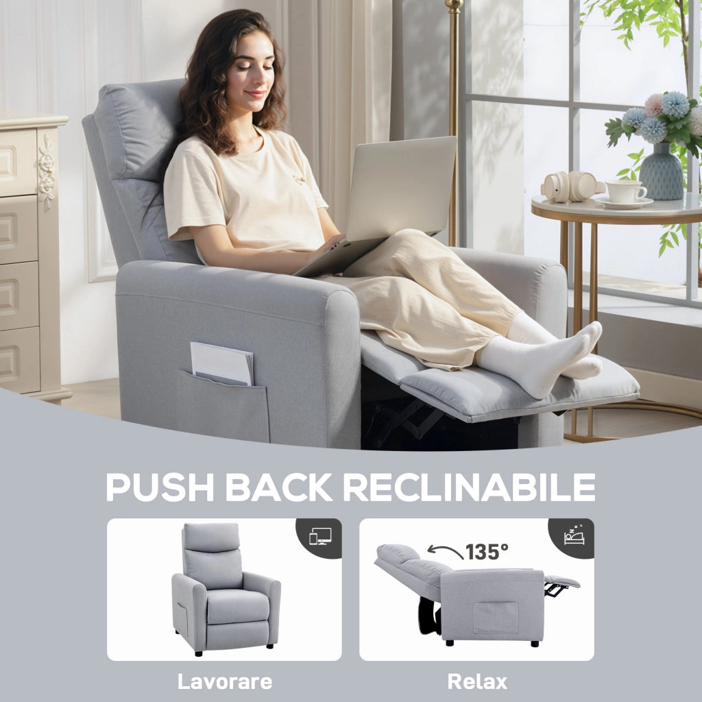 Poltrona Reclinabile 135° Max 73x86x100 cm in Tessuto Effetto Lino Schiuma Acciaio e Legno Grigio Chiaro