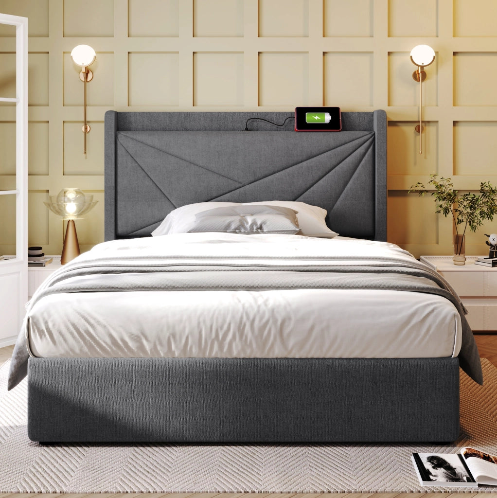 Letto singolo contenitore 90x200 cm con USB C e USB; testiera geometrica; grigio