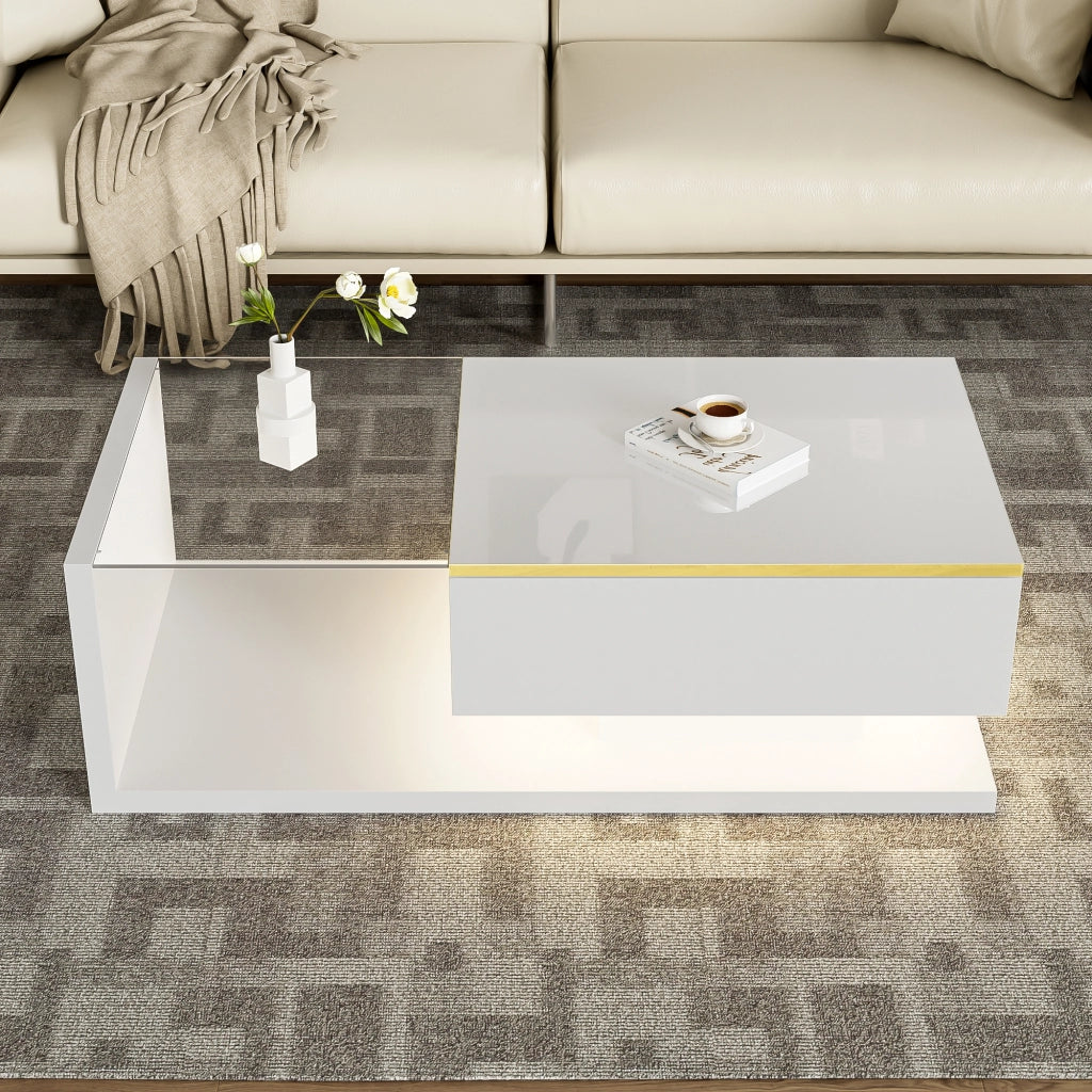 Tavolino da Salotto con Piano in Vetro Temperato e LED Bluetooth 16 Colori; Bianco Lucido; con Ripiani Aperti; Bianco