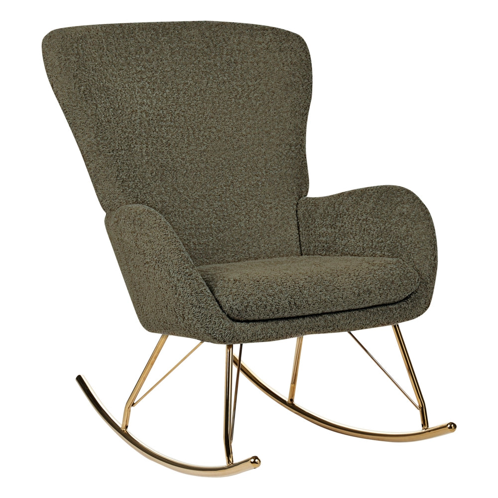 Sedia a dondolo in tessuto poliestere boucle verde scuro Rivestimento in metallo Gambe a pattini Design tradizionale e retrò