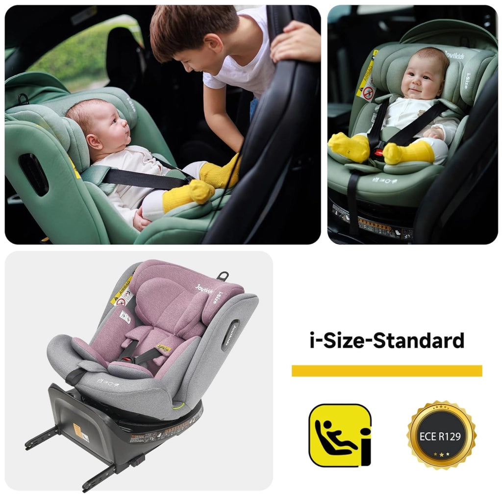 Seggiolino auto per bambini girevole 360 gradi con ISOFIX e reclinazione, cappottina removibile in tessuto rosa grigio