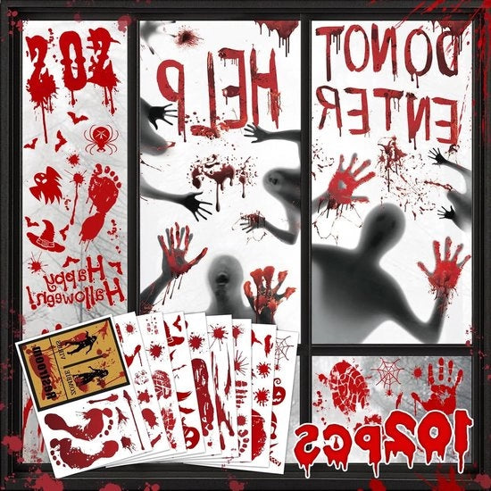 Decorazione Horror Halloween per Finestre e Porte - Stampa a Mano con Piede - 2 Set di Adesivi per Finestre e Porte & 9 Set di Adesivi per Muri e Pavimenti - 102 pezzi