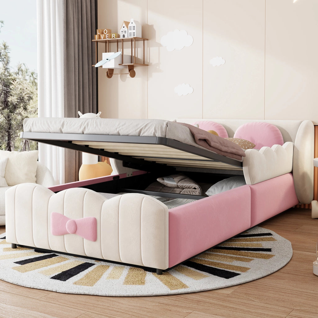 Letto singolo per bambini 90 ¡Á 200 cm imbottito con vano contenitore idraulico in velluto beige e cuscini