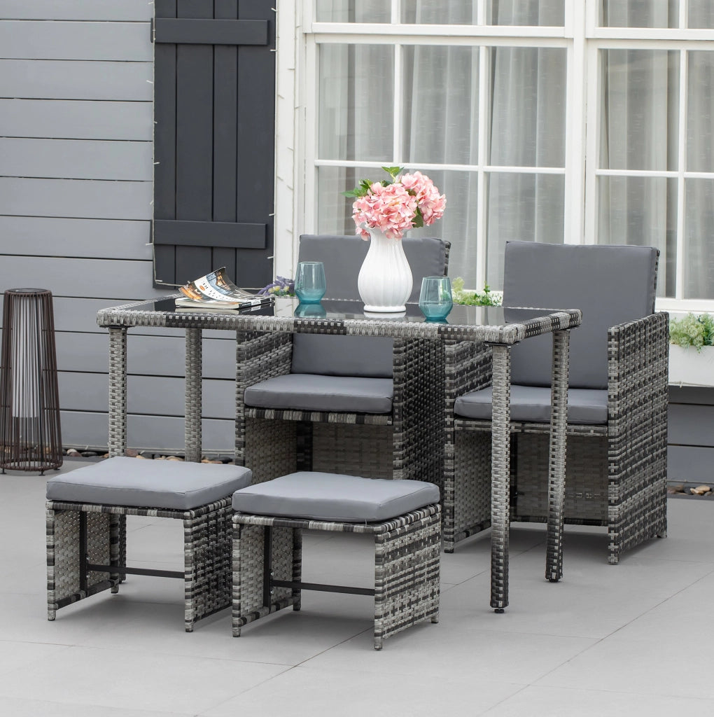 Set da pranzo da giardino in Polyrattan per 4 persone con cuscini, grigio, resistente alle intemperie