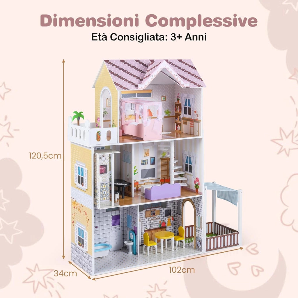 Casa delle Bambole in Legno, Casa Barbie a 3 Piani con Mobili, Ascensore, Balcone, Giardino e 16 Accessori, Fai-da-Te Giocattolo per Bambini 3+ Anni,102 x 34 x 120,5 cm