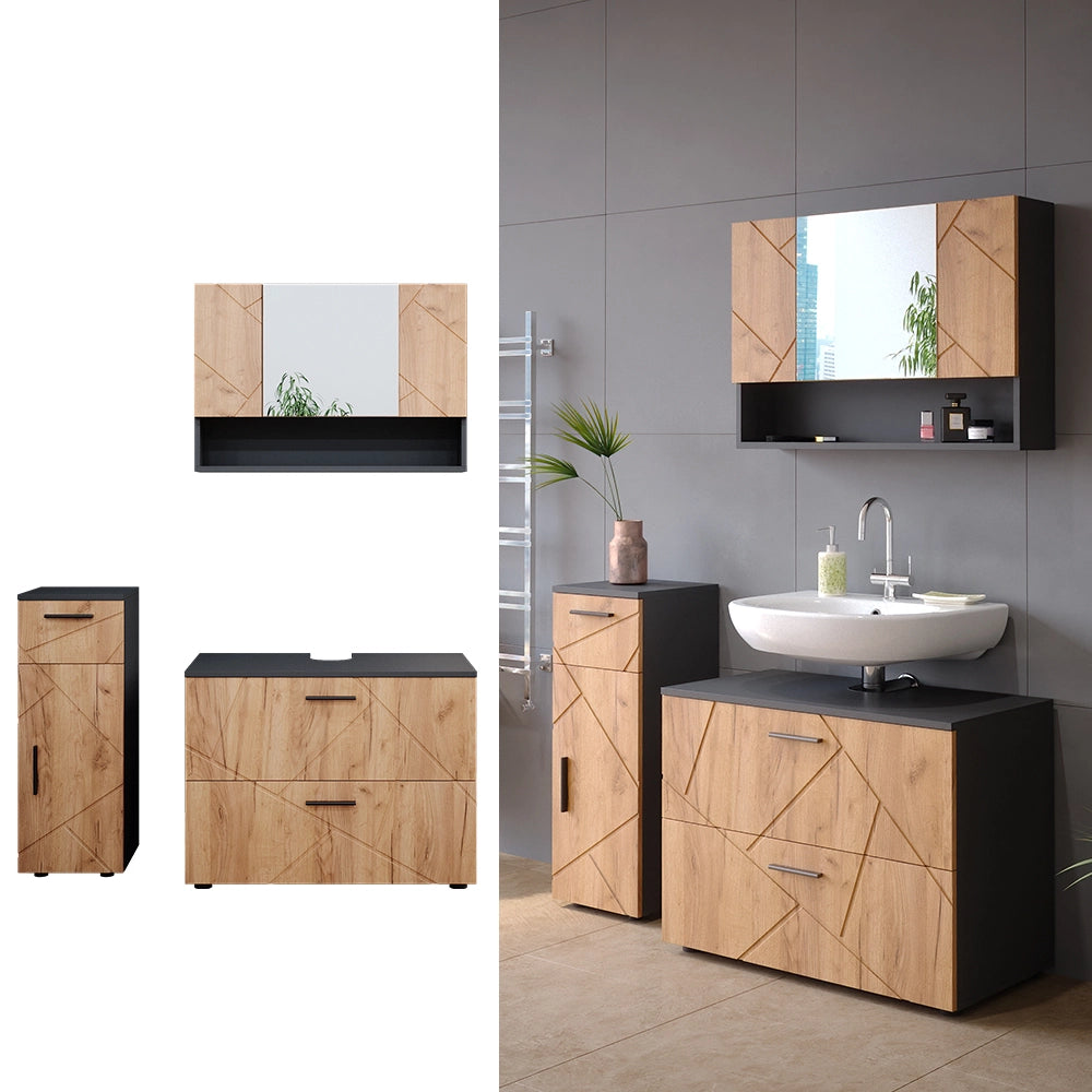 Vicco Set mobili bagno Quercia dorata/antracite 3 parti, con cassettiera e mobile midi