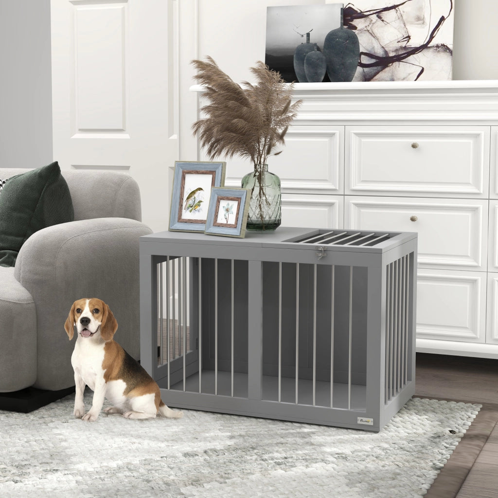 Cuccia per cani chiudibile con due porte, fondo rialzato, in MDF e acciaio, grigio, 80 × 50 × 56,5 cm
