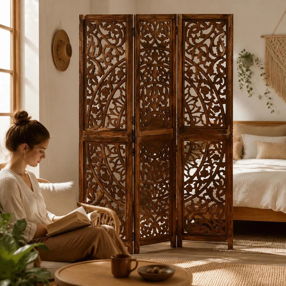 3-piece Room Divider, Hand-carved, Brown, 120x165 Cm, Mango Wood