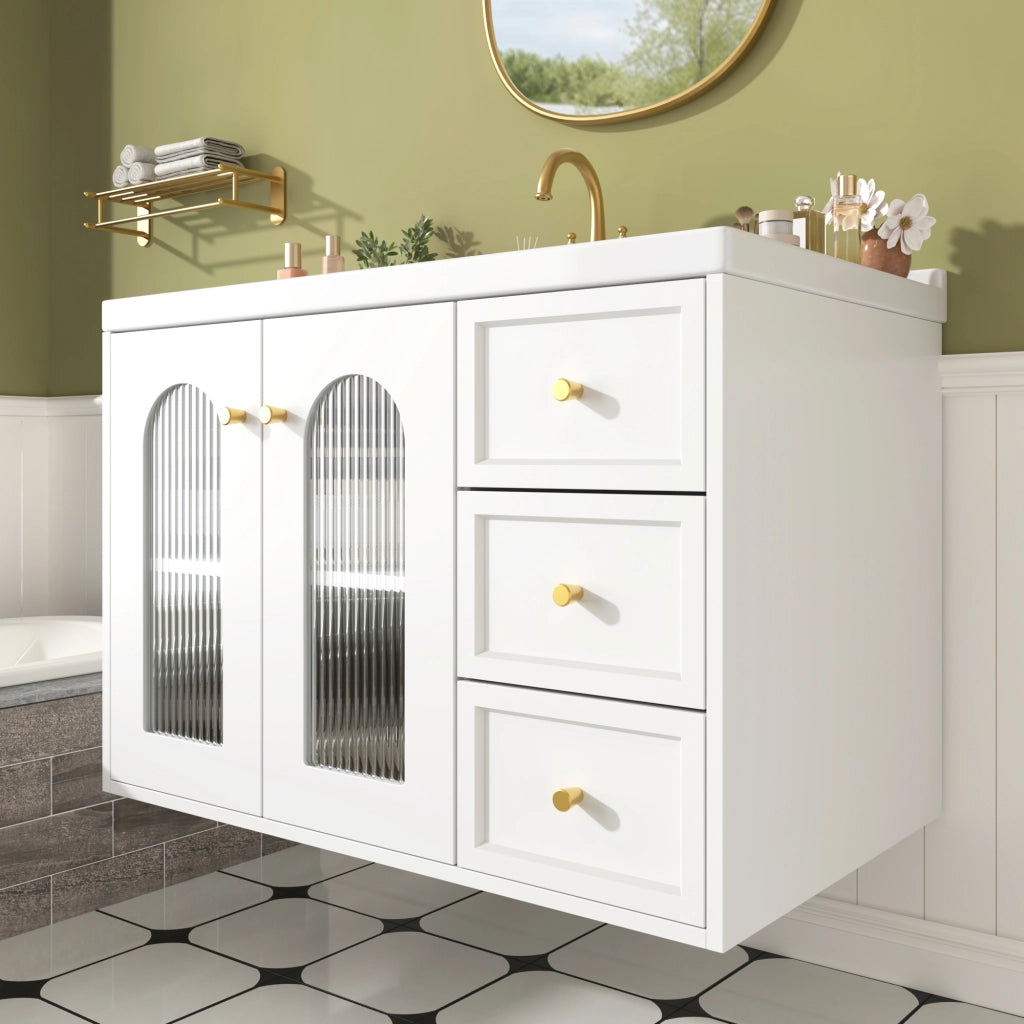 Mobile sottolavabo a parete con 2 cassetti; armadio con porta in vetro ondulato; lavabo in ceramica e ripiani regolabili; bagno
