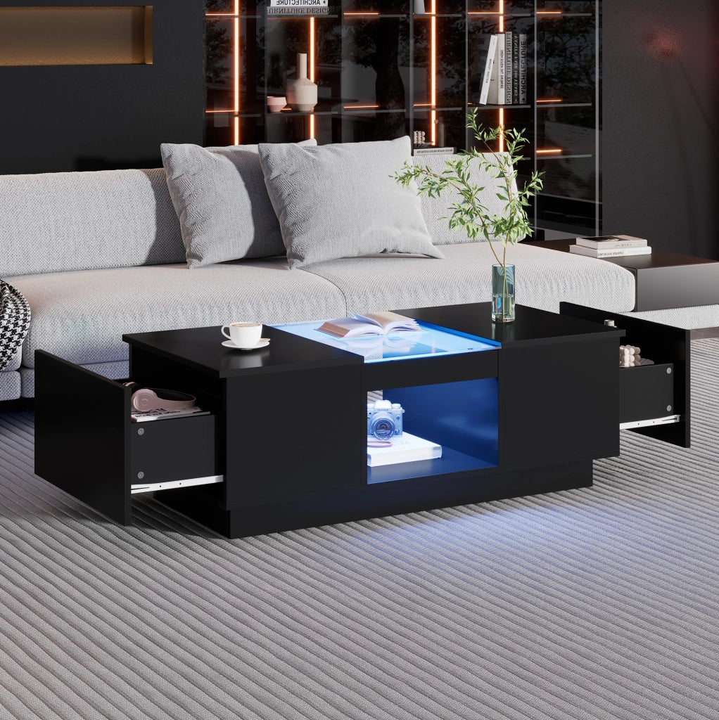 Tavolino da caffè nero LED con 2 cassetti, 100x50x35,5 cm