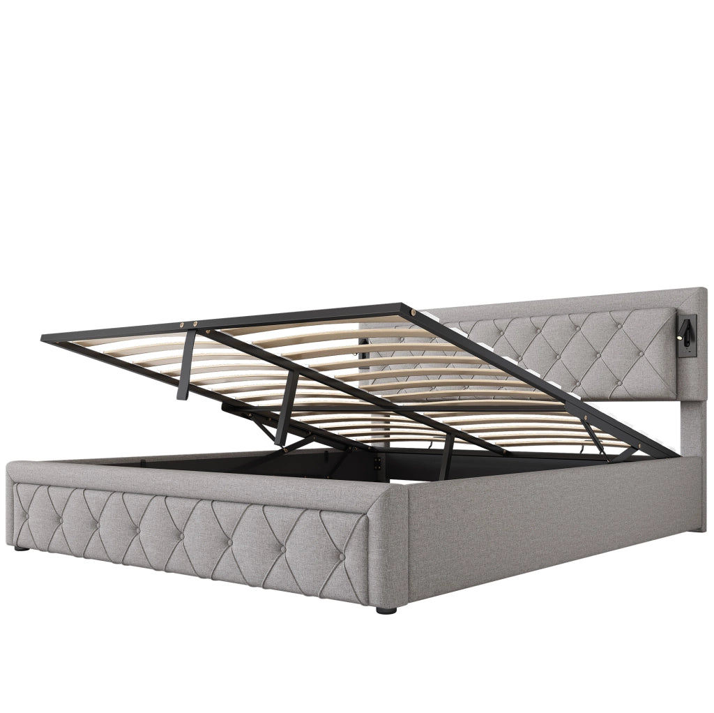 Letto contenitore con LED e USB; rete a doghe in legno; lino grigio