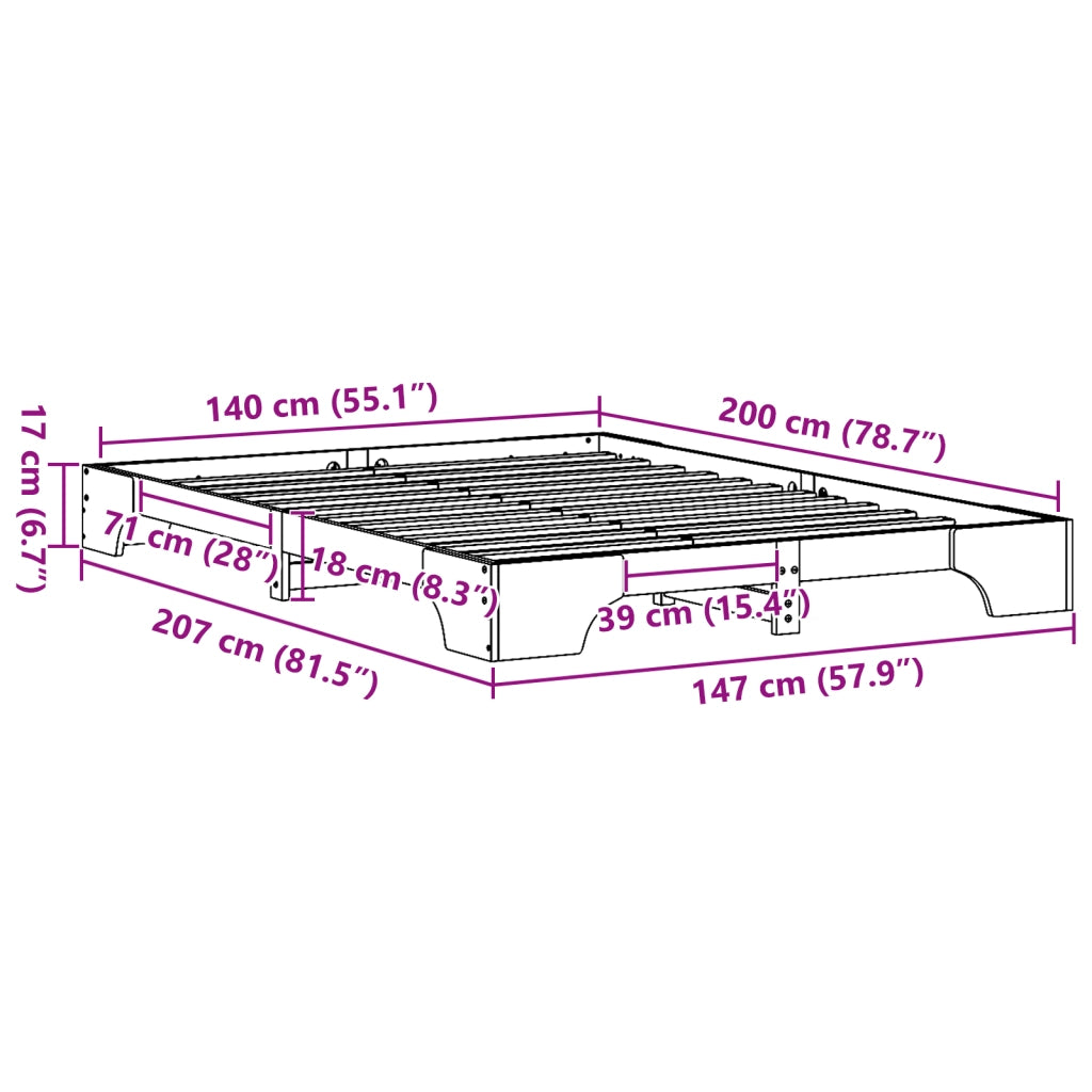 Letto Naturale Legno massello di pino 140 x 200 cm Resistente