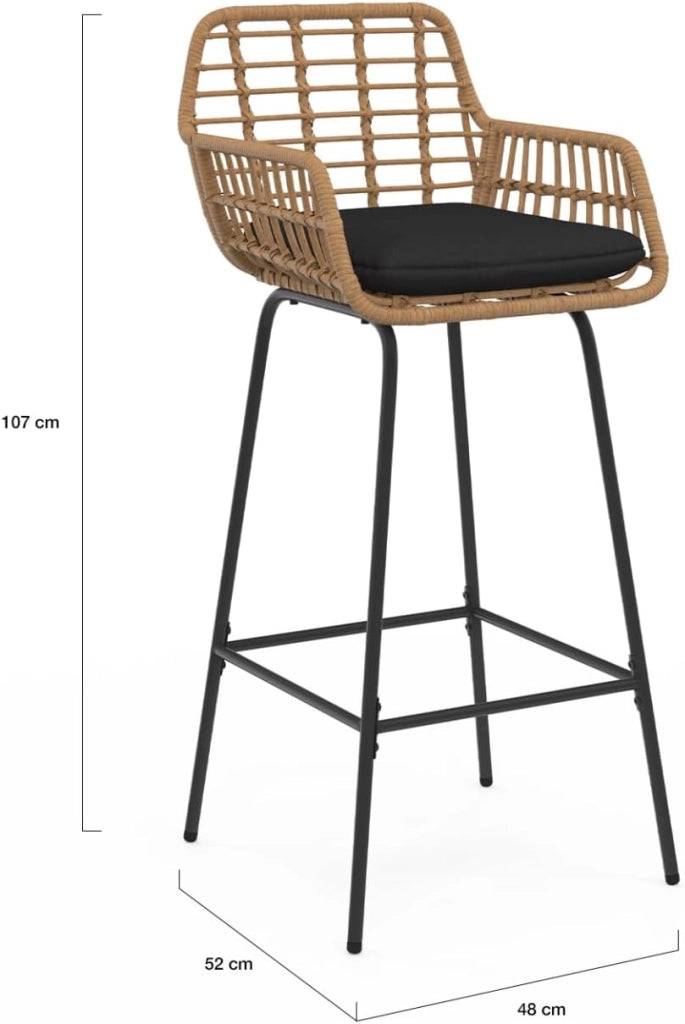 Set di 2 sgabelli da bar SUMMER con braccioli effetto rattan beige e gambe in metallo nero