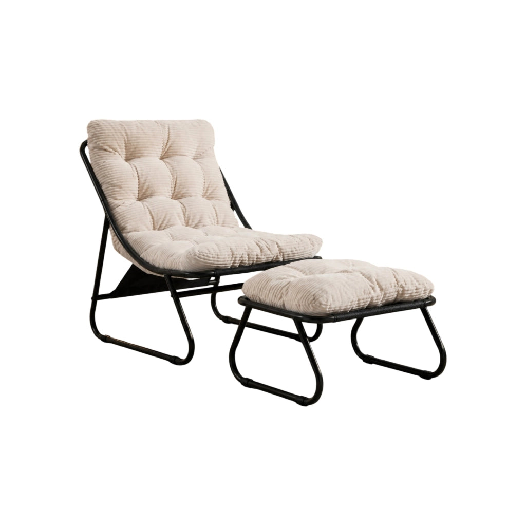 Poltrona da giardino reclinabile con pouf e cuscino imbottito in acciaio bianco per interno ed esterno