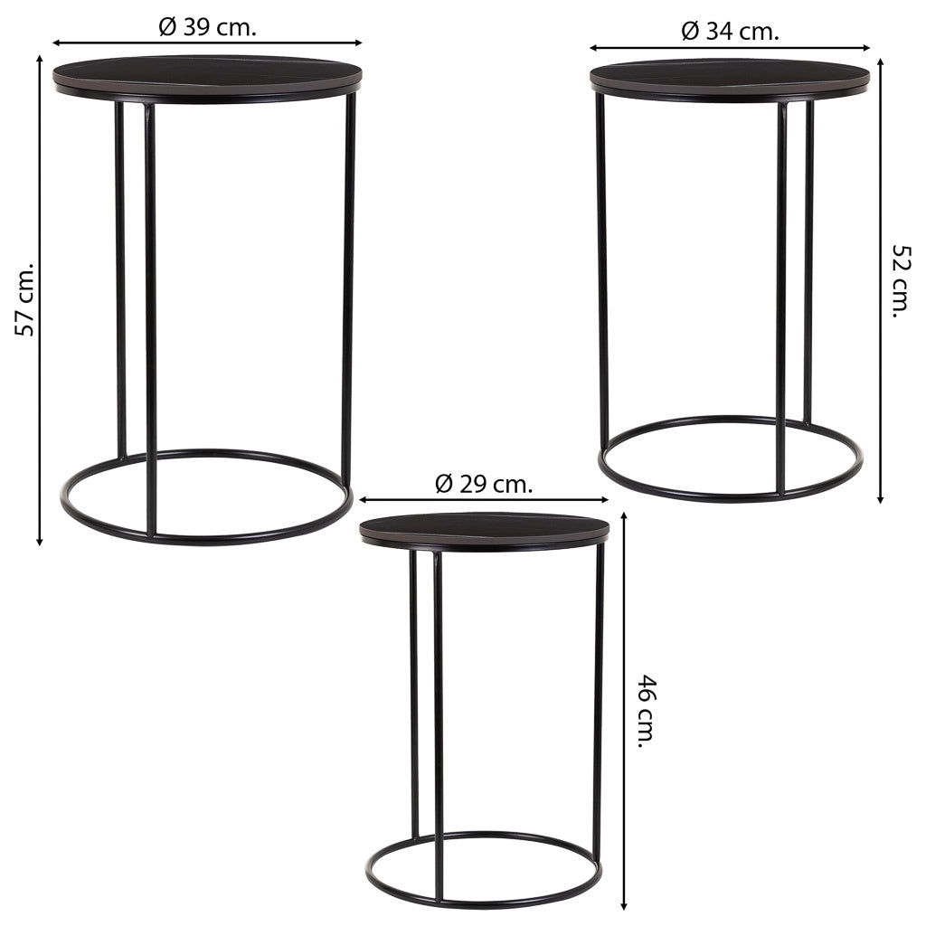 Set tavoli 3 pezzi metallo nero 29x29x46h-34x34x52h-39x39x57h cm