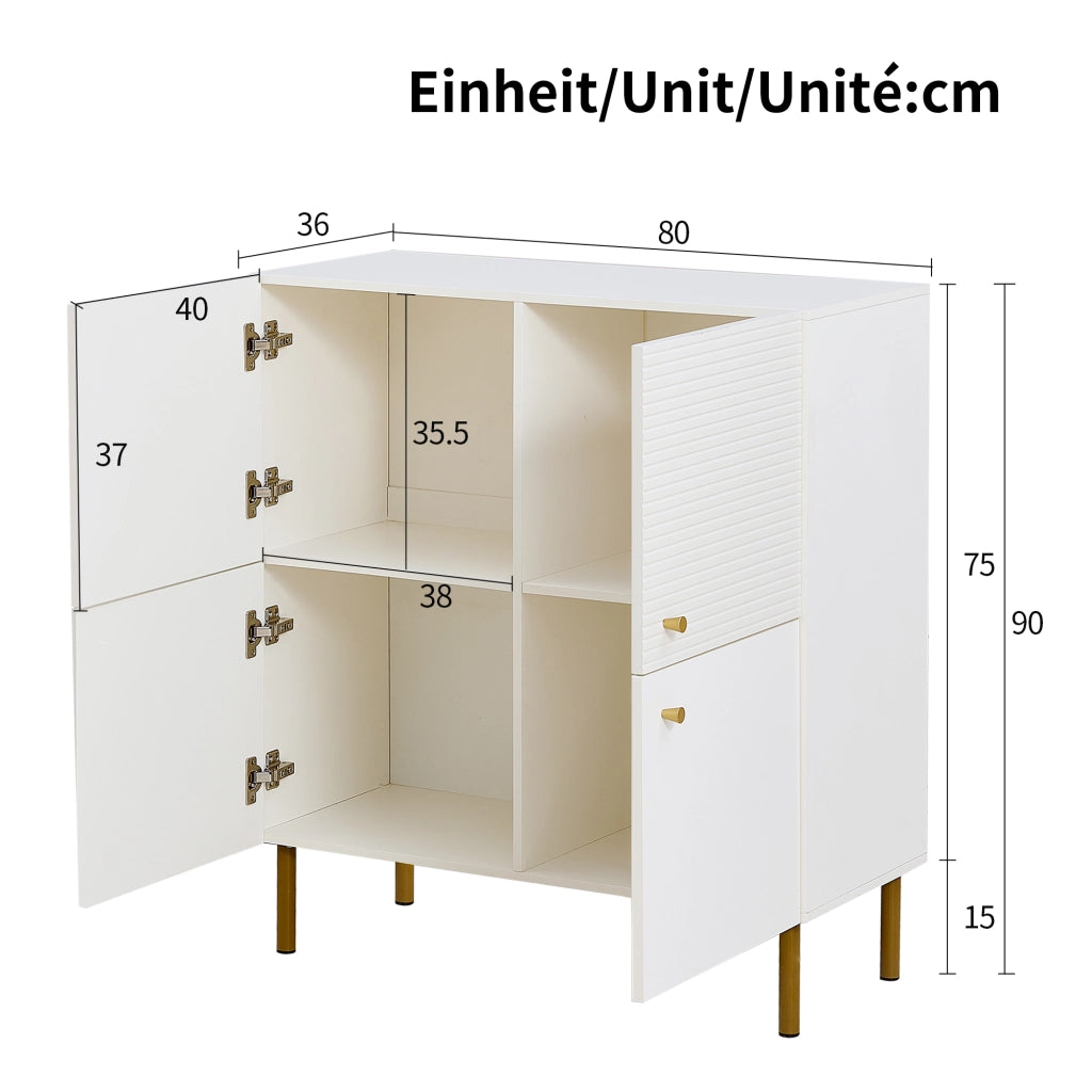 Credenza e madia bianca con maniglie in lega di zinco e gambe in acciaio, per soggiorno e ingresso, 80 × 36 × 90 cm