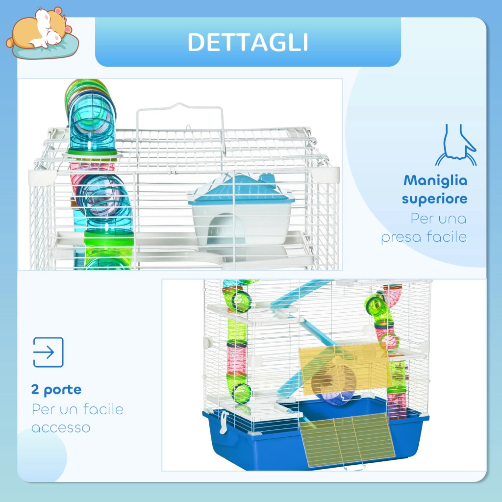 Gabbia per Criceti a 5 Livelli con Tubi, Casetta e Ruota ¨C zephmum ¨C Blu e Bianco, Acciaio e PP, 59x36x69 cm