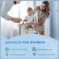 Scivolo per Bambini 18-36 Mesi in PE e PP a Tema Spaziale con Scale Antiscivolo, 157x46.5x80 cm, Grigio e Bianco