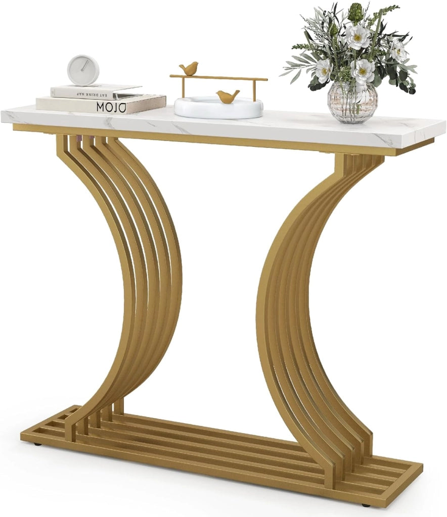 Tavolo Ingresso Marmo Sintetico 100 cm, Mensola, Kit Antiribaltamento, Cuscinetti Gambe Regolabili, Telaio Metallo, Stretto, Corridor Soggiorno,100x29,5x81 cm