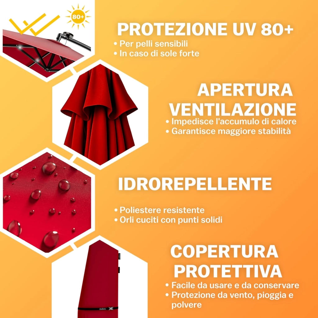 ® Ombrellone da Giardino con LED Ø300cm Parasole Rotondo Decentrato con Manovella Rosso