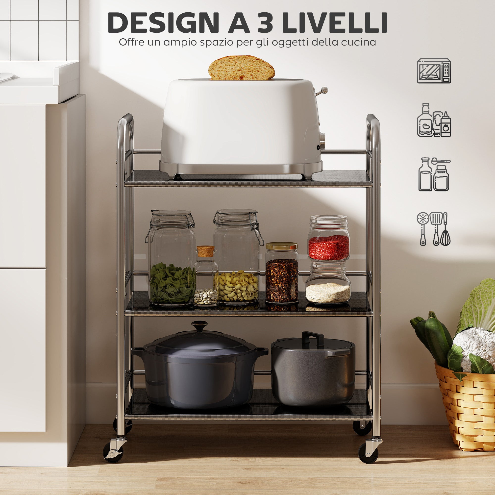 Carrello da Cucina Multiuso a 4 Livelli 60x35x77 cm con Ripiano Centrale Regolabile in Acciaio Inox