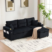 Divano angolare convertibile con chaise longue idraulica, letto estraibile, USB-C e vano contenitore in corda nero