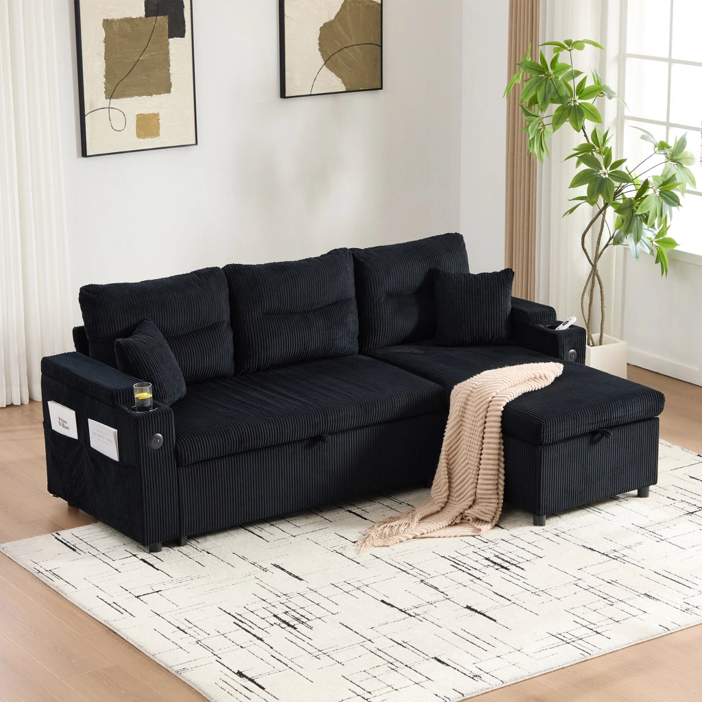 Divano angolare convertibile con chaise longue idraulica, letto estraibile, USB-C e vano contenitore in corda nero
