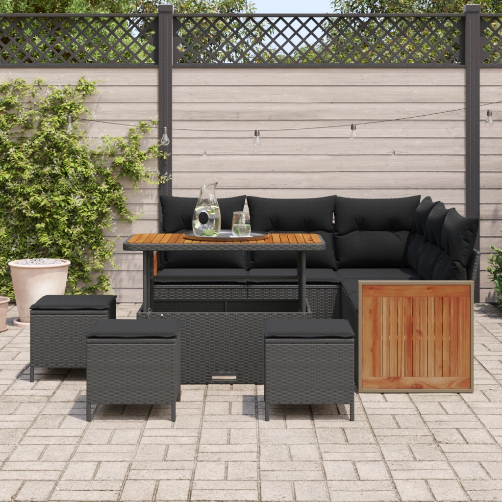 Set Divano da Giardino 9 Pezzi con Cuscini Nero Polyrattan Acacia