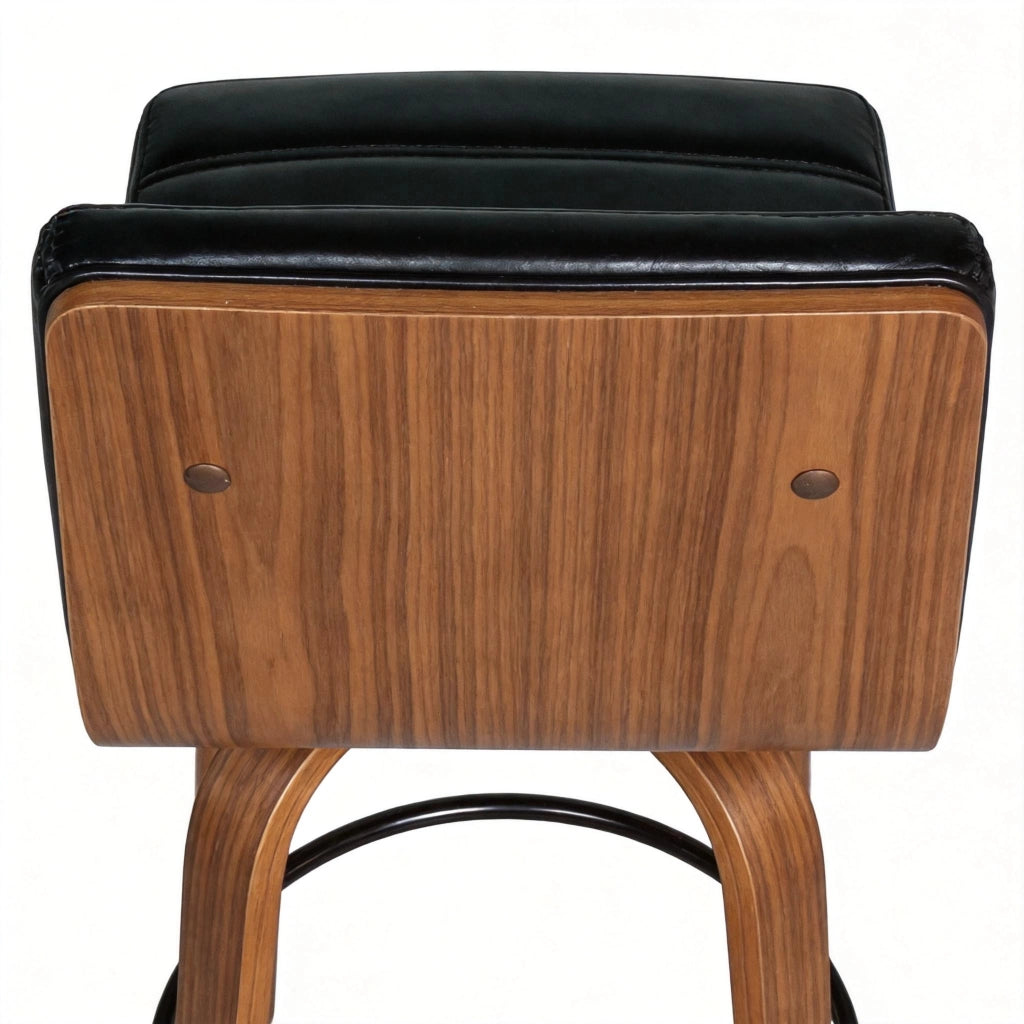 Sgabello da bar in PU nero con schienale ergonomico e gambe in legno curvate