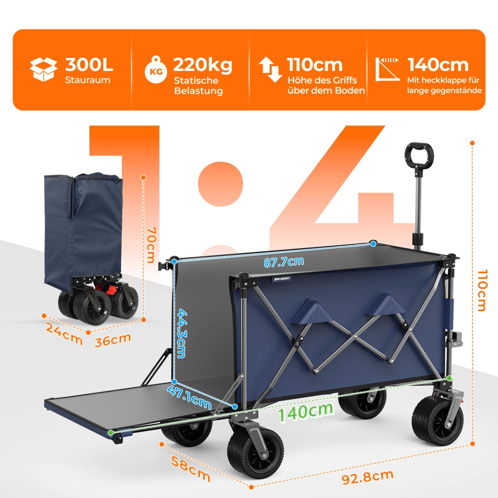 CARRELLO PIEGHEVOLE 140 cm in acciaio e tessuto Oxford Blu Grigio con sponda estensibile