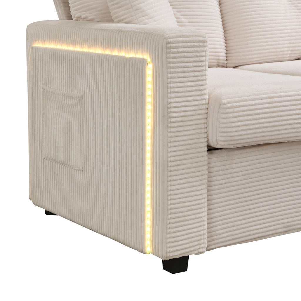 Divano angolare 3 posti con LED, contenitore e pouf convertibile in chaise longue, in velluto a coste beige