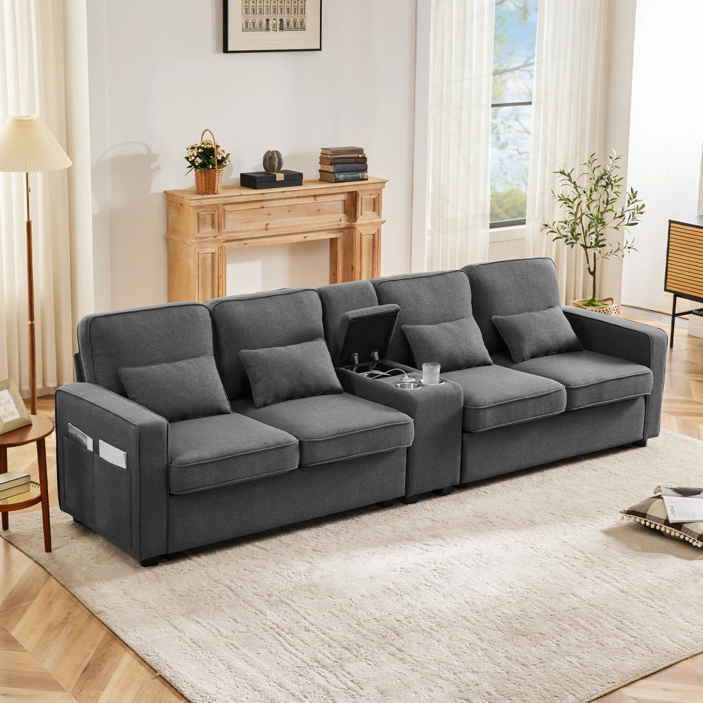 SOFA 4 posti 290x83x88 cm in lino grigio scuro con console, USB e 4 cuscini