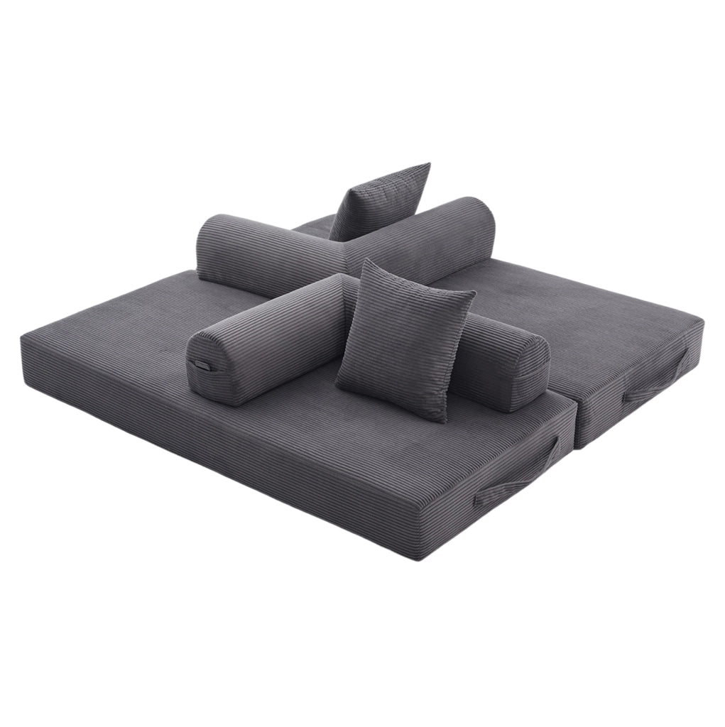 Divano modulare 200x94 cm grigio scuro in velluto a coste; 3 cuscini e tasca laterale