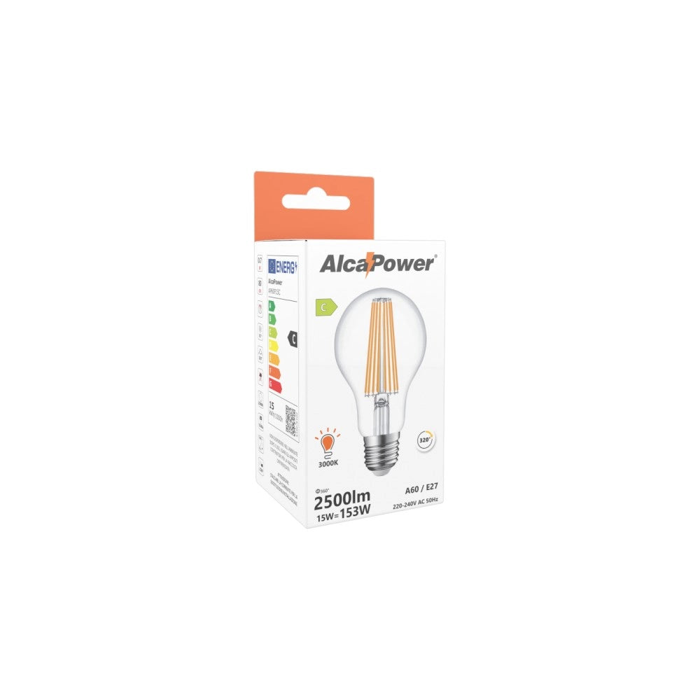 Alca power a60 15w 220v 2500lm 3000k e27 lampada classica a filamento a led