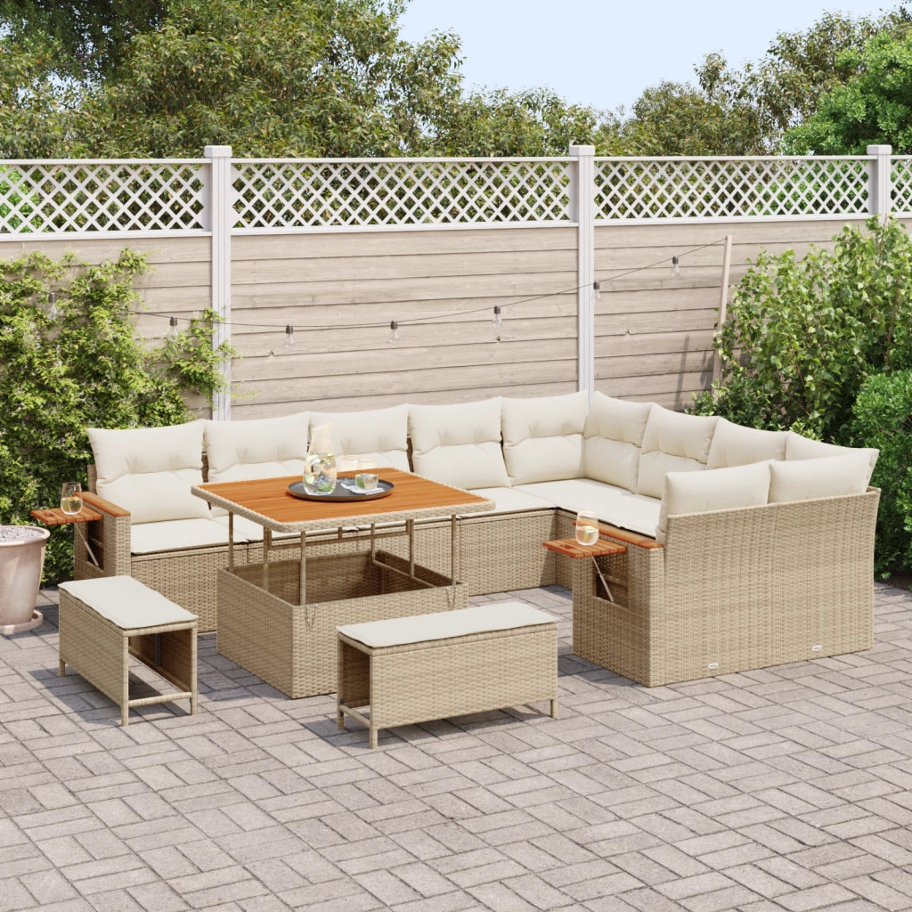 Set Divani Giardino  12 Pezzi con Cuscini Beige Rattan Polieuterano