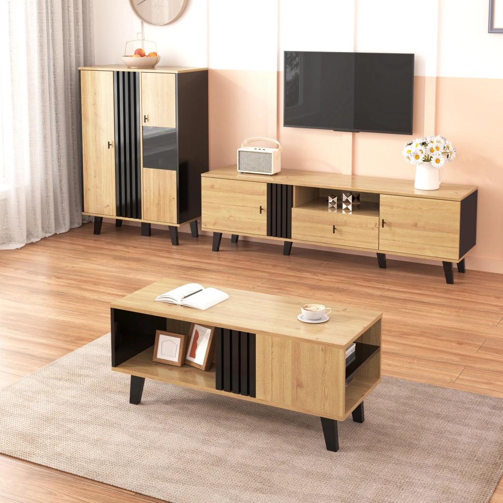 Credenza Legno e Nero 80x120x40 cm con Vetrina e Illuminazione LED