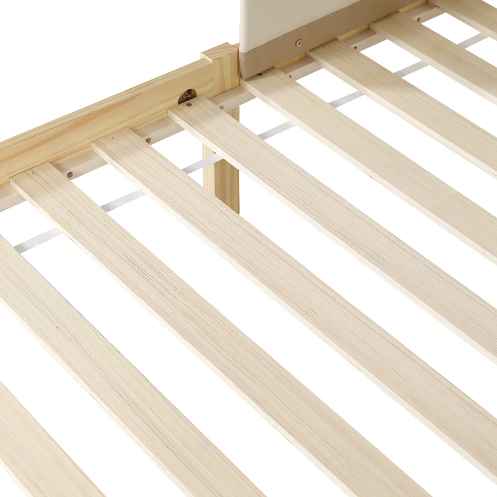 Letto per bambini 90x200 cm, testiera imbottita in PU, sponde laterali, colore legno naturale e beige