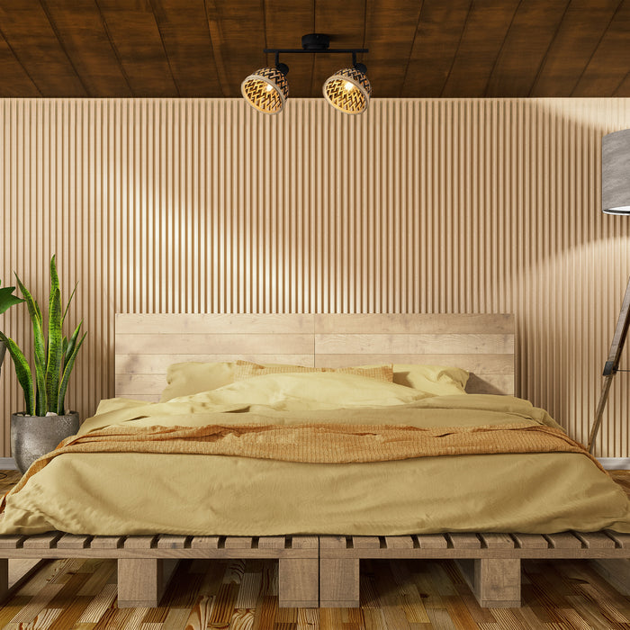 Plafoniera Industrial-Nordico Lancia Acciaio Nero Legno Marrone 2 Luci E14