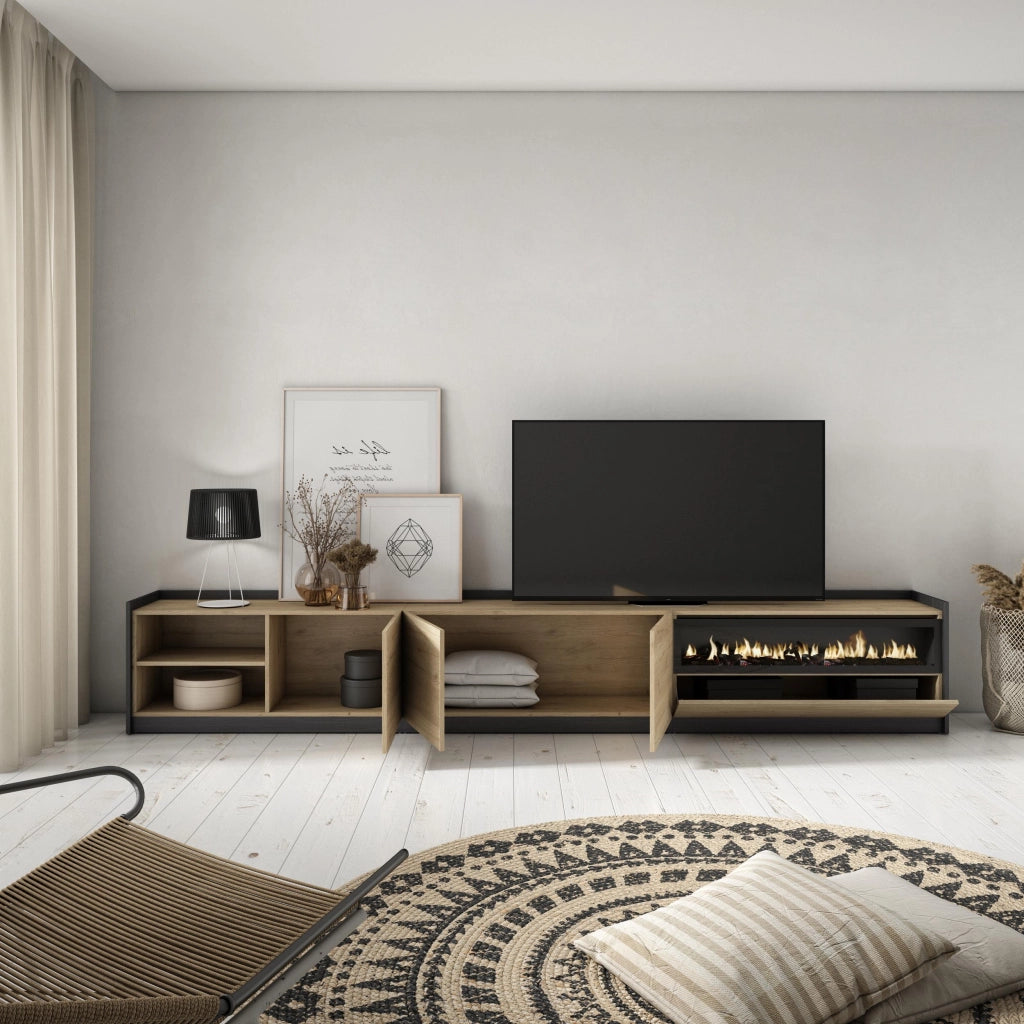 Mobile TV Soggiorno, 310x50x37 cm, Per TV fino a 80", Camino elettrico, Rovere e nero