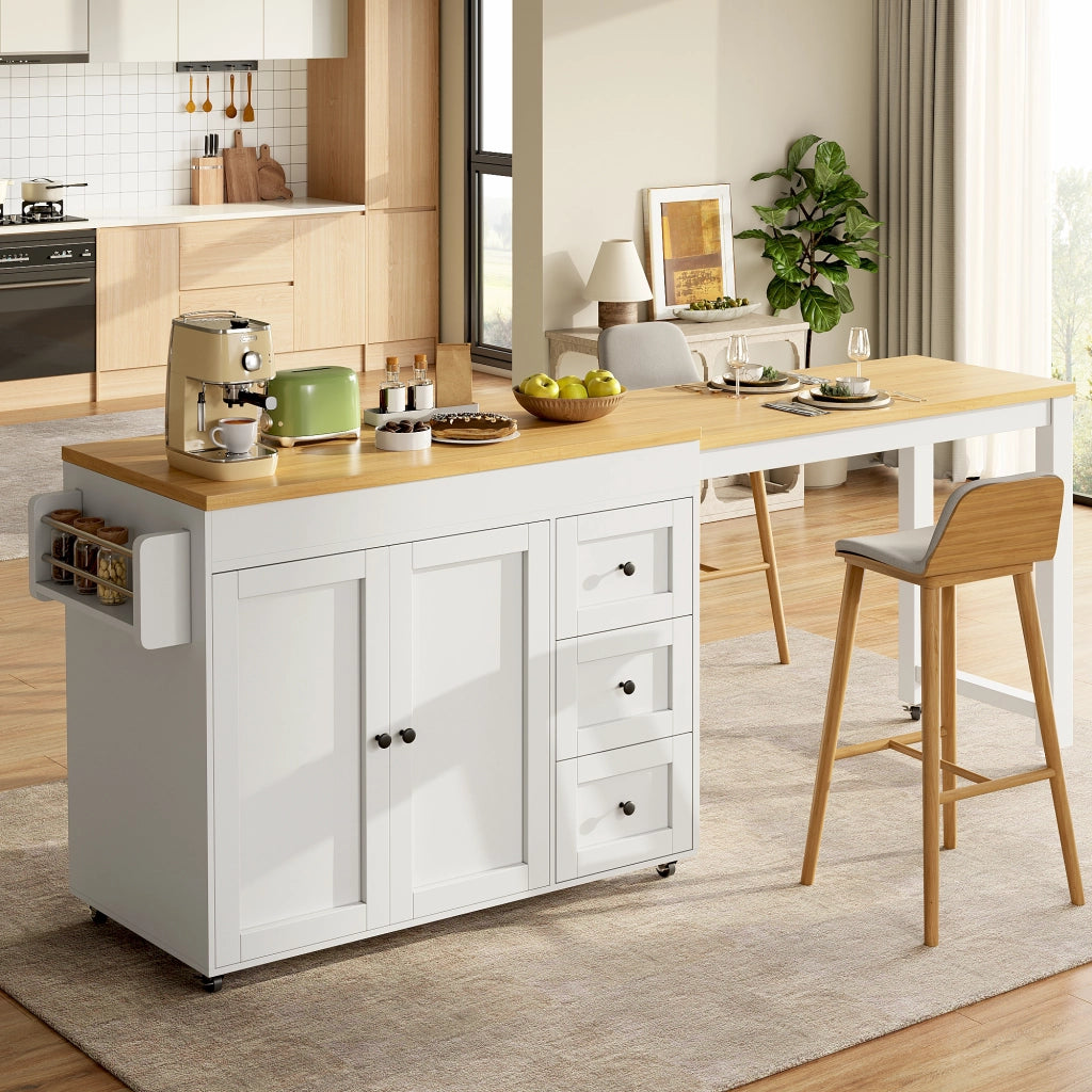 ISOLA CUCINA ESTENSIBILE 116-179,5 cm CON 3 CASSETTI BIANCA SU RUOTE