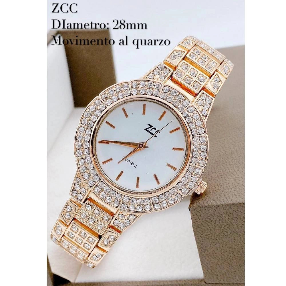 Trade Shop - Orologio Polso Zcc Donna Quarzo Acciaio Moda Brillantinato Rosa Quadrante Bianco -