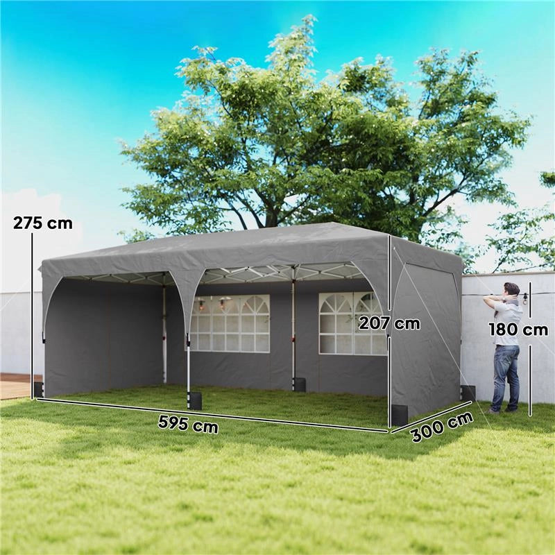 GAZEBO PIEGHEVOLE 3X6 M CON PARETI E ALTEZZA REGOLABILE, PROTEZIONE UV 50+, GRIGIO CHIARO