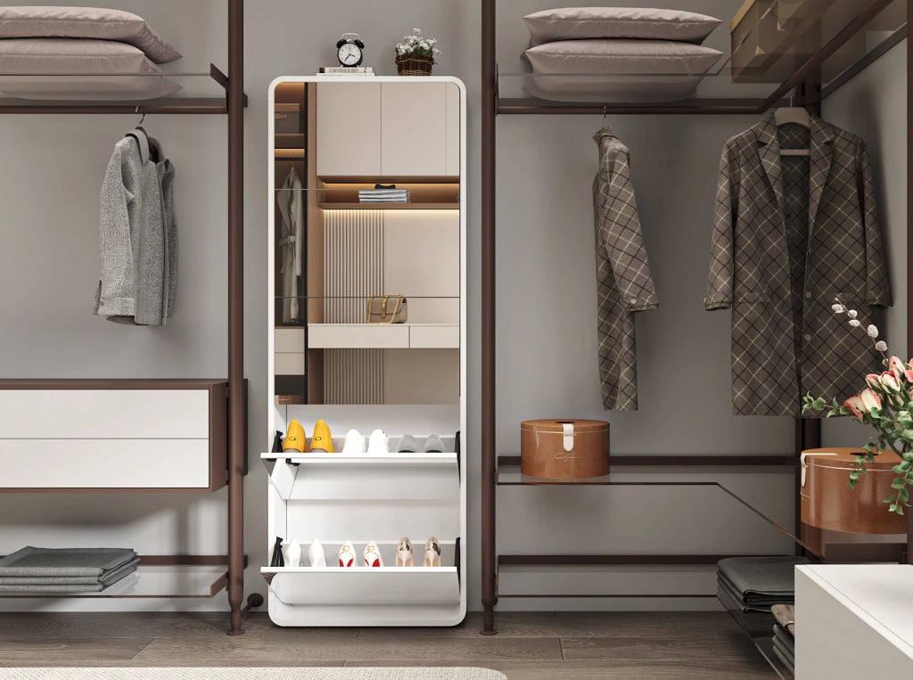 Scarpiera bianca con 5 cassetti a ribalta, specchio integrato e design curvo, altezza 176 cm