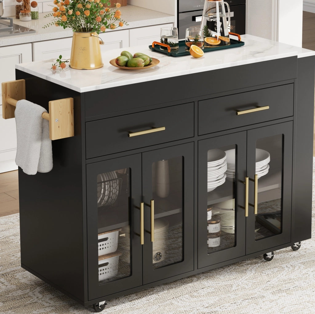 Isola da cucina mobile allungabile con piano bar; 132;5-217 x 50 x 93 cm; nero