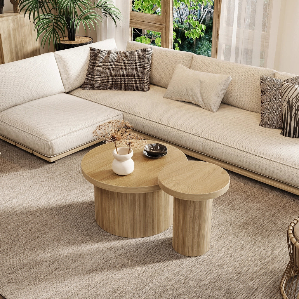 Tavolini da Salotto Impilabili Rotondi con Gambe a Listelli; Stile Moderno; in MDF; Naturale