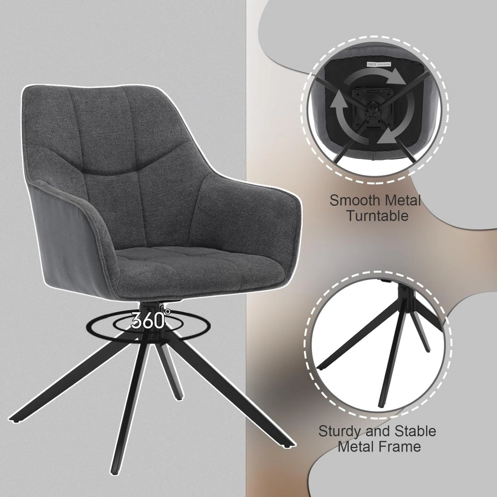 Sedia da Pranzo con Braccioli, Poltroncina con Gambe in Metallo, Sedia da Cucina con Schienale e Seduta Girevole, per Salotto, Studio, in Ciniglia e Velluto a Coste, Grigio Scuro, EZS08dgr-1