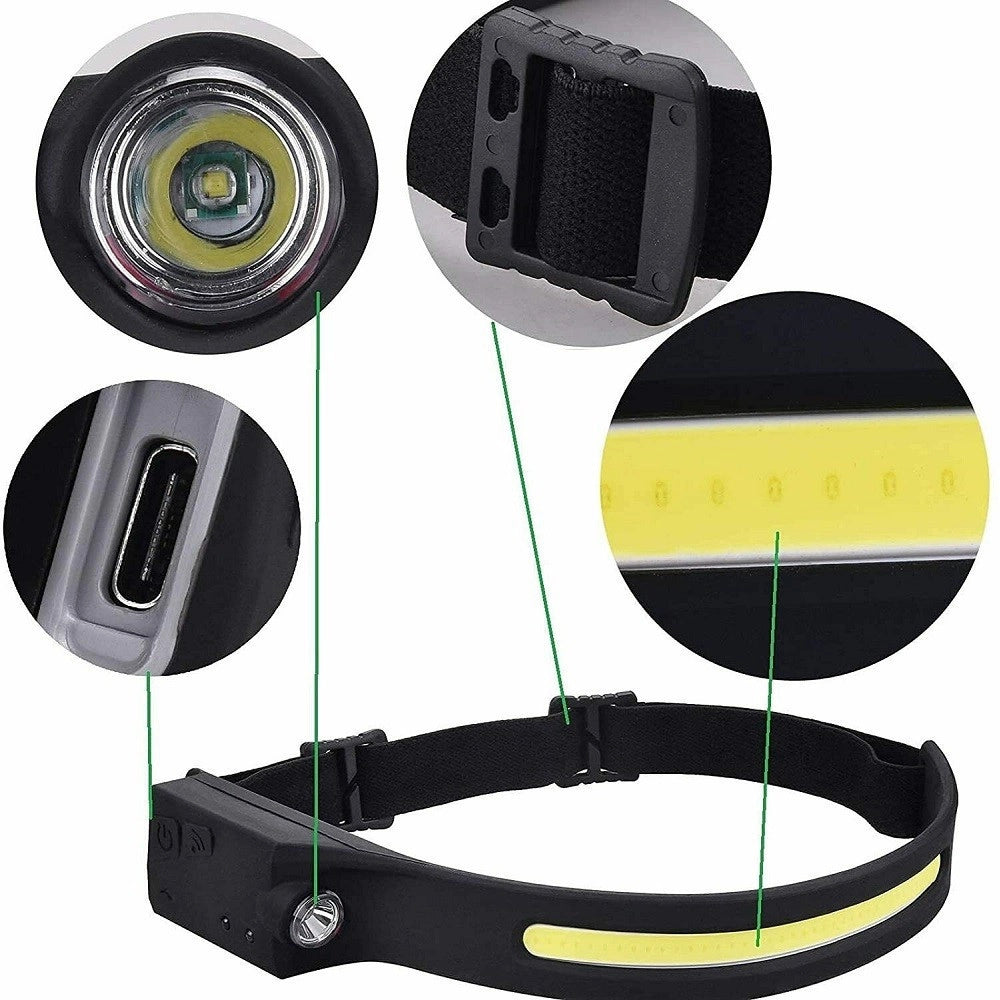 Trade Shop - Torcia Lampada Frontale Ricaricabile A Led Cob 350lm Con Sensore Di Movimento -