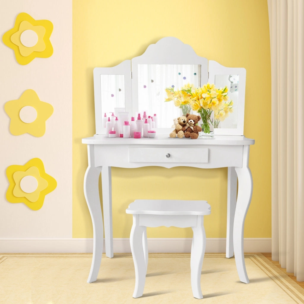 Set toeletta per bambini, Tavolo toeletta principessa con sgabello specchio pieghevole, Bianco-Toelette per bimbi